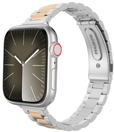 MoKo Slim Metal Band Compatible with Apple Watch Series 11/10 42mm, 9/8/7 41mm, SE3/SE2/SE/6/5/4 40mm, 3/2/1 38mm, Stainless Steel Thin Band Replacement Strap iWatch Wristband, Silver/Rose Gold