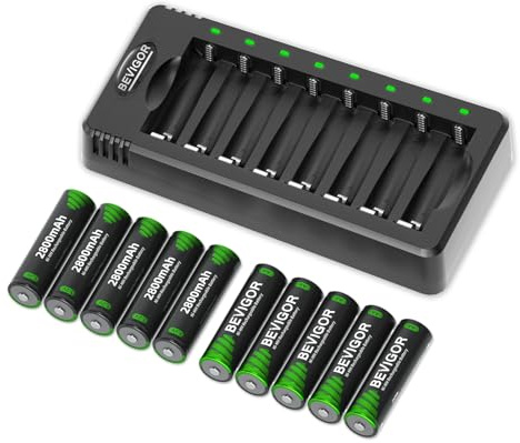 BEVIGOR Rechargeable AA Batteries with Charger, 10 Pack 2800mAh High Capacity Ni-MH Double A Batteries with Smart 8 Bay Smart Battery Charger, USB Fast Charging