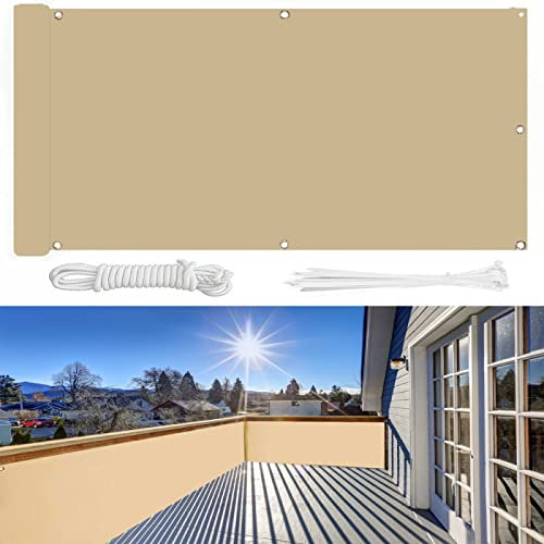 Balkon Sichtschutz 60x600cm Wind- & UV-Schutz 220g/m² ohne Bohren Zaun Poolabdeckung für Terrasse Garten inklusive Kabelbinder und Seil Sand