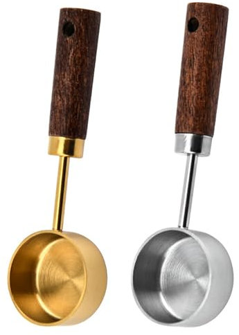 TOZBLEU Kaffee Messlöffel,2 pcs Retro Kaffeelöffel Edelstahl Kaffee-Messlöffel mit Walnussgriff 15 ml, Küchenmesslöffel für Kaffee,Kaffeebohnen Schaufel, Kaffelöffel Löffel, Zuckerlöffel,Gold + Silber
