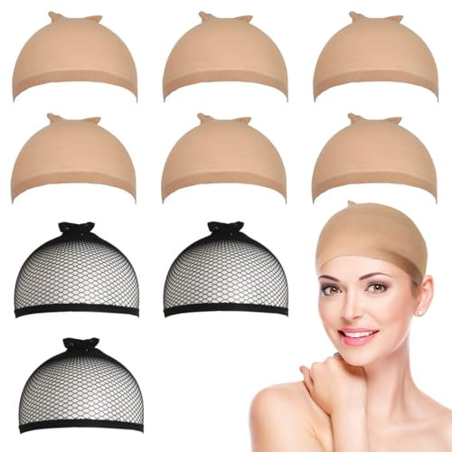 KEYRI 9 Pezzi Retina per Capelli Parrucca, Parrucca Tappi Calotte per Parrucche di Nylon Copricapo Elastici a Rete Traspirante Copricapo di Parrucche per Uomini e Donne (6 Beige + 3 Nero)