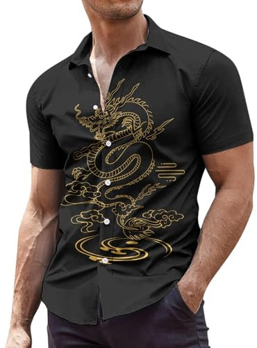 Men's Vintage Bowling Shirt 1950s Retro Rockabilly Style Short Sleeve Button Down Music Hawaiian Shirts Mexican Embroidered Cuban Wedding Tops Tunic Blouses (Hawaiian Shirt for Men Black, M)