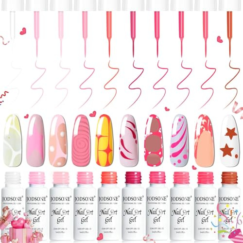 JODSONE Gel Liner Nail Art Kit – 10 Colors Pink Collection, Gel Nail Pens for Nail Art, Gel Nail Polish Need UV Lamp Cured at Home, Salon Design, Valentines Gifts for Women | 10 Colors Nail Art Polish, Soft-To-Bold Pink Shades, Built-In Thin Brushes For French Tips, Swirls, Fine Lines, UV/LED Cure