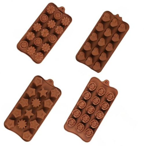 ShiningUU 4pcs Silicone Chocolate Moulds Set - Flower, Star, Heart, Rose Designs, Reusable Baking Moulds for Chocolate, Cake Pops, Fondant Making, Sweets, Ice Cubes, Pudding, Dome Mousse