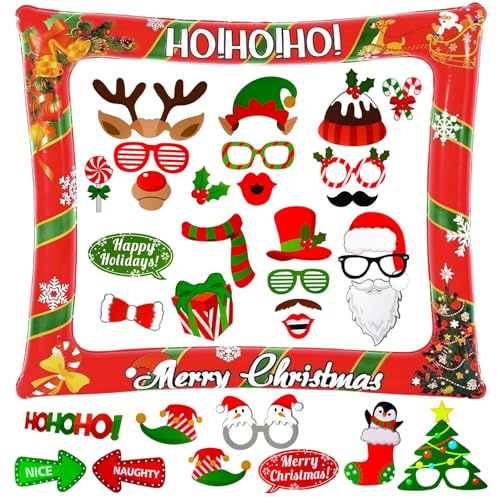 AIBAOBAO 32 Stück Fotobox Accessoires Weihnachten, Aufblasbare Fotorahmen Weihnachten Foto Requisiten für Weihnachtsfeier Weihnachts Party Photo Booth Props Lustig Weihnachtsparty Deko 75x 65 cm Rot