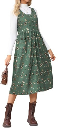 LifeShe Ärmelloses Maxikleid für Damen, aus Cord, Knopfleiste vorne, Overall mit Taschen, Grün , Mittel