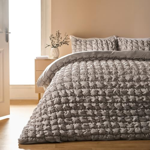 OHS Seersucker Bedding Super King Duvet Set, Ultra Soft Warm Cosy Filled Seersucker Duvet Cover Luxury Plain Dye Textured Crinkled Quilt Cover Double Bedding with Matching Pillowcases, Natural