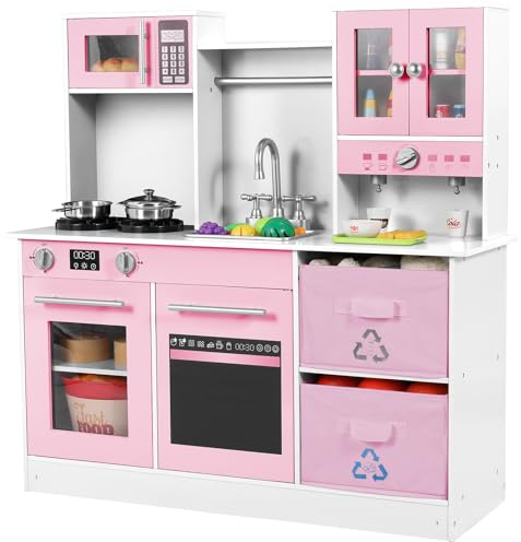 MAMIZO Kinderküche Holz, Spielküche mit Licht und Sound, Puppenküche Holz für Kinder, 90x30x90 cm kinderküchen, mit Küchenzubehör und 2PCS Aufbewahrungsboxen, Spielzeug für Kinder ab 3 Jahren, Rosa