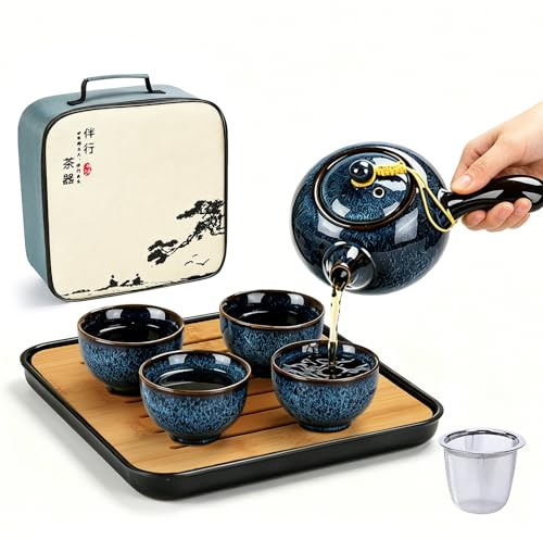 DUJUST Juego de té Gongfu chino, porcelana con esmalte, 1 tetera, 4 tazas y bandeja, portable con bolso para viaje, regalos, exterior, azul oscuro