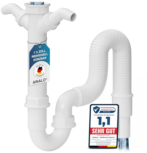 Spülbecken-Siphon mit 2 Geräteanschlüssen Ø 19–23 mm, Einsteck Wandanschluss Ø 40 oder 50mm