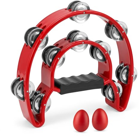 Halbmond Tamburin mit 2 Musikeie,Hand Tambourine für Bands Musikunterricht Party (Zweilagig rot)