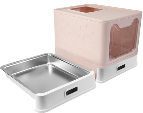 Areneros Gatos Cubierto Grandes XXL con Pala, Caja de Arenero Cerrada para Gato, Fácil de Limpiar la Arena, Sin Olores y Fácil de Limpiar, 38 * 41 * 51 cm Acero Inoxidable (Rosa)