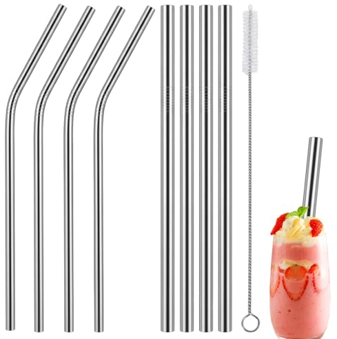 8 PCS Stainless Steel Straws Metal Straws Drinking, 12mm/8mm Extra Wide Reusable Metal Straw Set for Smoothies Cocktails and Cold Drinks,Extra Long Steel Straw Dishwasher Safe with Cleaning Brush