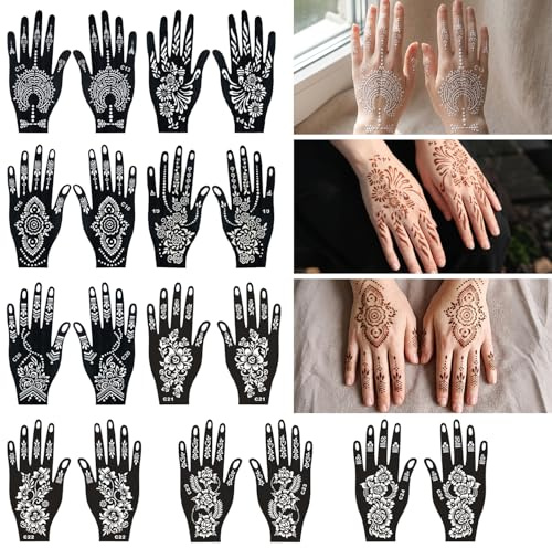 18 ark återanvändbara henna-schabloner för händer, 9 mönster henna-tatuering schabloner, arabiska och indiska tatueringsmallar för händer och kroppskonst