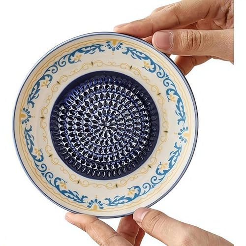 Ceramic Garlic Grater Plate Set, Multi-Purpose Ginger Grinder Dish, Compact Ceramic Graters for Garlic Ginger Baby Food Apple Sauce, Dual-Use Grater and Dipping Dish with Vintage Floral Patterns