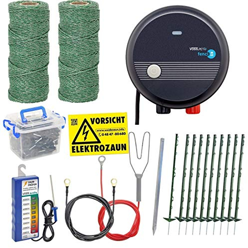 Hundezaun Komplettset 200m Kleintierzaun, ideal für Einzäunungen in Ihrem Garten, mit umfangreichem Zubehör, anschlussfertig mit 600m grüner Weidezaunlitze und Zaunprüfer, 40 grüne Pfähle 105cm