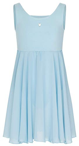 tanzmuster ® Ballettkleid Mädchen ärmellos - Helena - aus weichem Baumwollstoff mit Glitzerstein und Chiffon Röckchen fürs Kinder Ballett Ballettbody, hellblau, Größe:128/134