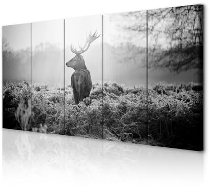 decomonkey Wandbilder Hirsch Tiere 200x80 cm 5 Teilig Leinwandbilder Sonne | Bild auf Leinwand, Kunstdruck, Wanddeko, Wohnzimmer, Wanddekoration, Landschaft, Sonnenuntergang, Natur, grau