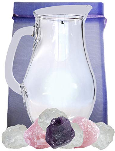 Wassersteine EDELSTEINWASSER 300g EDELSTEINE. Steine für GRUNDMISCHUNG Amethyst + Rosenquarz + Bergkristall + 1,0L Glaskrug. 5-tlg Set zur Wasseraufbereitung und Wasserenergetisierung. 90014-1