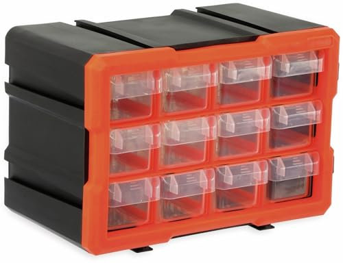 DAYTOOLS Werkzeugbox TW2022, Kunststoff, 12-teilig, schwarz/orange | Robuste Werkzeugbox mit zwölf großen Sichtschubladen | Mit der DAYTOOLS TW-Serie erweiterbar | Für Wand- und Standmontage