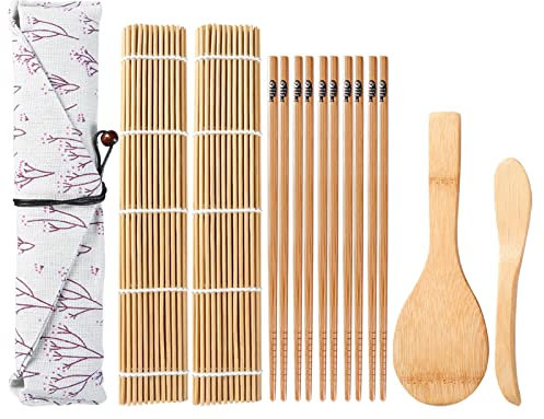 ZITFRI Sushi Set für Anfänger - Selbst Machen Set mit 2 Rollmatten, Reisstreuer, Paddy Paddel, 5 Paar Stäbchen und Beutel - 10-Teiliges Matte Set