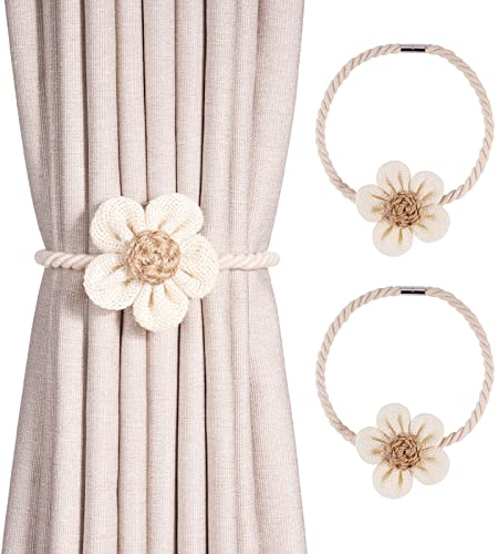 Magnetische Vorhang Raffhalter 2 Stück, Kameli Vorhanghalter Gardinen Clip für Vorhänge Boho Deko, Gardinenhalter Zugband, Gardinen Seil Beige für Haus Dekoration