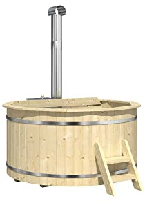 FinnTherm Holz Badefass Bergen, Hot Tub Ø 160 x 110 cm, inkl. Edelstahl-Ofen 22 kW und Einstiegsleiter, 3-4 Personen, Schwimmbecken, Badebottich, Sprudelbad