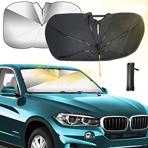 GOHHME Parapluie Pare Soleil Pare Brise Avant de Voiture 132*73 cm Rotation à 360° Amélioré Parapluie de Voiture Pliable Pare-Soleil Couverture Protection UV Isolation Thermique Pliable Automobile L