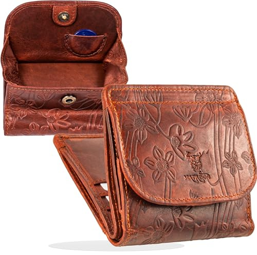 MATADOR Portemonnaie Damen Klein Leder Wien Mini Geldbörse mit edler Geschenk Box, Eleganter Geldbeutel Klein mit RFID Blocker, Luxus Kleine Geldbörse Damen mit vielen Fächern in Blumen Braun
