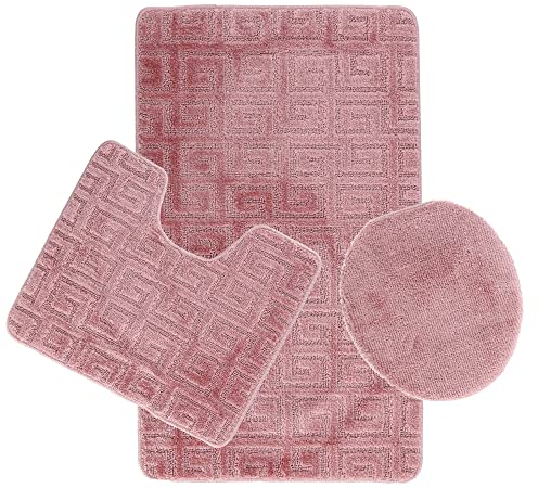 3-Teilig Bad Garnitur Badematte Badvorleger Wasser absobierend Muster rutschfest Rosa