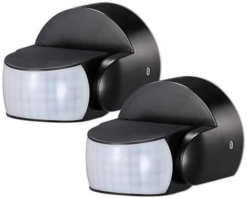 ARUM Lighting - Lot de 2 Détecteurs de Mouvement Muraux Infrarouges, Étanche IP65, Angle 180°, Portée 12m, Réglage Temps et Luminosité, Capteur Extérieur Noir (sans Fil)