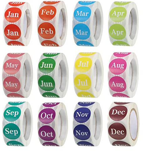 sourcing map Lot de 12 rouleaux d'étiquettes rondes pour mois, 2,5 cm, autocollants circulaires de code couleur pour journaux, cartes postales, 500 pièces/rouleau