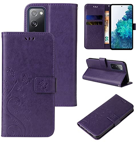 LBH Handy Hülle für Samsung Galaxy S20 FE Case Handytasche Schmetterling Blumen Flower Standfunktion Schutzhülle Magnet Rundum Schutz 360 Grad Flipcase Cover Violett