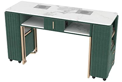 Tavolo per manicure e estetica in marmo con rivestimento in velluto, aspirapolvere integrato e mobiletto laterale mobile per saloni di bellezza e centri estetici. (160X78X45, verde)