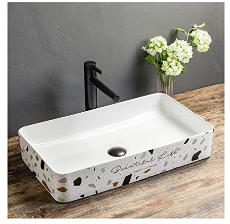 Waschbecken 24 x 13,7 rechteckiges Waschbecken, weiße Terrazzo-Keramik über der Theke, Keramik-Waschbecken ohne Überlaufloch, Waschtisch mit schwarzem Wasserhahn und Pop-Up-Abfluss Aufsatzwaschbecke