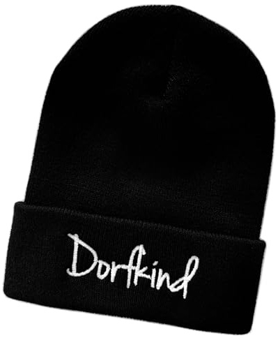 Schnoschi Schwarze Mütze/Strickmütze mit Dorfkind Spruch Bestickt für Damen, Herren, Jugendliche und Kinder, Beanie Wollmütze Hip Hop Wintermütze Rollmütze Streetwear Unisex OneSize