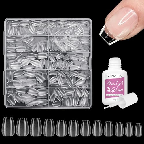 Venares 500 Stück Extra Kurze Soft Gel Künstliche Nagel Tips Set mit Kleber, 12 Größen Vorpolierte Sarg Nagelspitzen Nageltips für Gelnägel, XS Kurze Coffin Full Cover Nail Tips für Gelnägel Set