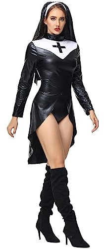 Damen Frauen Nonnen Kostüm Sexy PU Leder Steampunk Damen Karneval Faschingskostüme Fastnacht Halloween Mottoparty Cosplay Kostüm Enthält Kleid Short und Kopftuch