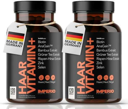 IMPERIO Haarvitamin+ Haar Vitamine hochdosiert mit AnaGain™, Biotin, Zink & Selen zur Stärkung des Haarwachstums - 120 Haut, Haare, Nägel Kapseln - Deutsche Herstellung (2 Dosen (4-Monatspackung))