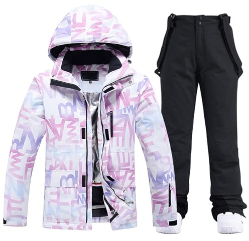 ALSOGO Giacca da sci da donna e da sci, set da 2 pezzi, tuta da neve, impermeabile, traspirante, antivento, con cappuccio rimovibile, per sci, snowboard, Nero , S