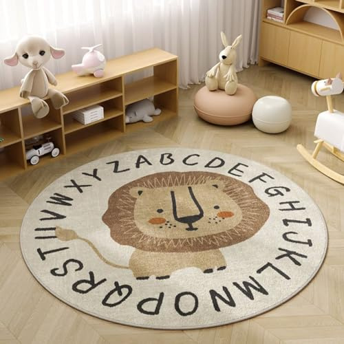 Viusneun Kinderteppich, Rund Kurzflor Wildtiere Teppiche Weich Waschbare Teppich Krabbeldecke rutschfest Teppiche fürs Babyzimmer Kleinkinderzimmer Wohnzimmer Schlafzimmer (Löwe,60cm)