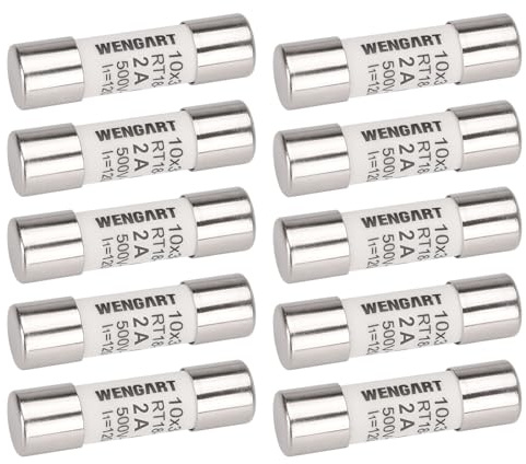 Wengart Pack de 10 Fusibles Cilíndricos de Cerámica 10x38 mm, 2A 500V AC, Clase gG (Uso General), Alta Capacidad de Ruptura 120kA, Protección de Precisión para PLC y Control Eléctrico, RT18-32 (RO15)