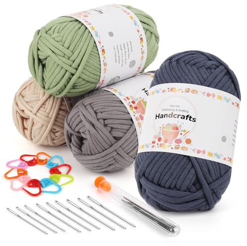 Aeelike 4X50g Dickes Garn Baumwolle zum Häkeln, Chunky Häkelwolle für Anfänger, Kein Geteiltes Häkeln Wolle, Schlauchgarn mit gut Sichtbaren Maschen, Cowboyblau + Hellgrün + Dunkelgrau + Beige