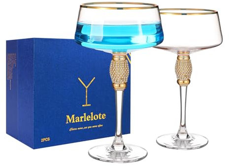 Marlelote,Gold Martini Glasses,Coupe Glass set of 2,Cocktail Glasses,Gold Rimmed&Rhinestones,Margarita Glass,Champagne Tower,Scocktail Glass,Art Deco Glassware,Home Parties,9OZ.