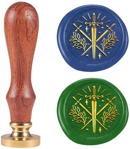 DELORIGIN Siegelstempel Aus Wachs In Schwertform Abnehmbarer 25 Mm Siegelkopf Aus Messing Mit Holzgriff Geprägter Stempel Für Umschlag Karten Einladungen Wein Geschenkverpackungen Dekor