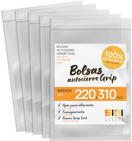 Bolsas de Plástico Transparente para Congelar Alimentos, Bolsitas con Autocierre para Cumpleaños, Regalo, Chuches, Viaje, Organizador, Envasar al Vacío, Porta Alimentos - SIDI (220x310mm, 100uds)
