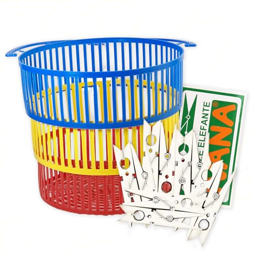 Sicignano Cestino Portamollette Telescopico Plastica Ø20×15 cm, Set Confezioni 40 Mollette Elefante, Organizzazione Facile e Pratica, Colori Assortiti, Perfetto per Bucato e Stendino