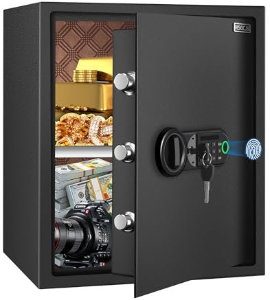 HSGCJS Großer Fingerabdruck-Safe – 45L, biometrischer Fingerabdruck-Tresor mit digitaler Tastatur, Sicherheitssafe mit Induktionslicht und Leder, Spardose für Schmuck, Bargeld, Dokumente