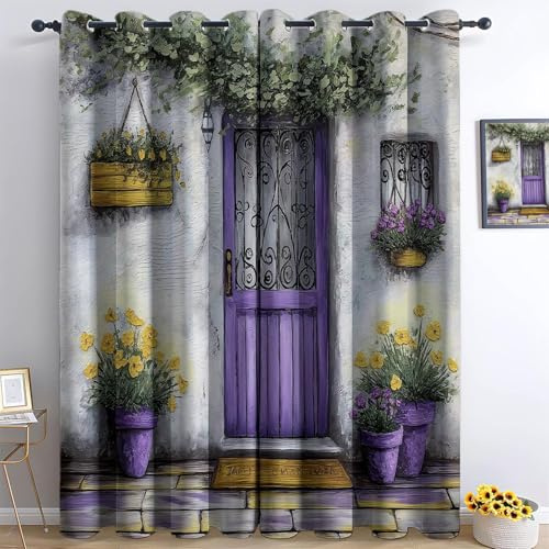 XCQHZYQ Verdunklungsvorhänge 2er Set mit Ösen, Blickdichte Gardinen Schalldämmend Lärmschutzvorhang für Kinderzimmer Wohnzimmer Gardinen Malerei Garten Lila Tür Blumen, H 245 x B 140 cm