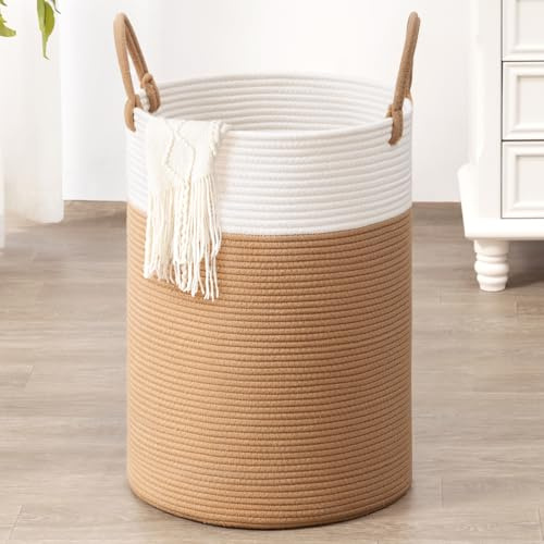 TIMEYARD Wäschekorb geflochten Baumwolle Seil, 35 x 50 cm, Weiß und Kamel | Mit Griffen, Groß Aufbewahrungskorb, Für Spielzeug im Kinderzimmer, Für Decken im Wohnzimmer